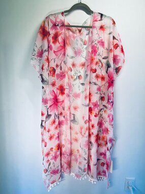 Floral Sheer Kimono With Pom Pom Trim Lightweight Cover-Up For Swimwear Or Layer